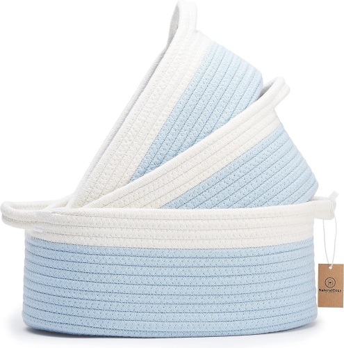 NaturalCozy 3-Piece Oval Storage Basket Set– Soft Natural Rope Woven Baskets for Storage Shelf, Toy, Nursery, Gift, Baby Shower, Pets Cat Dog Bins | Small Basket for Organizing (Off White & Blue) - Lot 3161