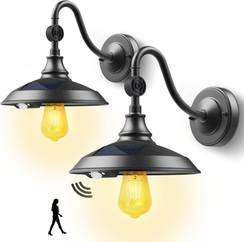 SIEDiNLAR Solar Barn Light Outdoor with 3 Modes, Aluminum Vintage Farmhouse Gooseneck Wall Light Waterproof Motion Sensor for Barn Shed Garage Porch Chicken Coop Black (2 Pack) - Lot 3182