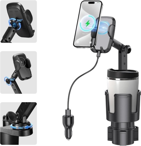 This Hill 3-in-1 Car Wireless Charger Cup Holder, Upgrade 15W Charging, Car Cup Holder Phone Mount with Adjustable Base & 360° Rotation Compatible for All Smartphones(with Car Adapter) - Lot 3459