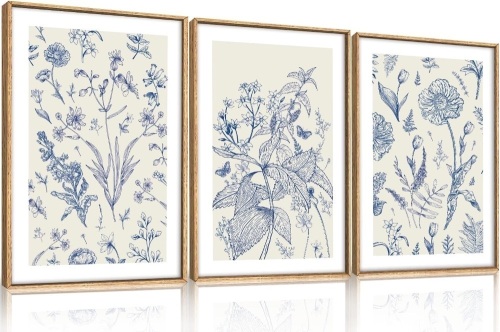 KAIRNE Classic Chinoiserie Framed Canvas Wall Art Set, Blue Watercolor Flower Wall Decor, Blue and White Plant Wall Painting, Minimalist Floral Art Print for Living Room, Bedroom, Office - 24"×36"×3 - Lot 3189