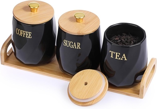 3 Pack Ceramic Canister Set with Bamboo Lids and Handle Tray, Coffee Tea Sugar Container Set, Black Ceramic Storage Jar Kitchen Canister for Countertop - Lot 3201