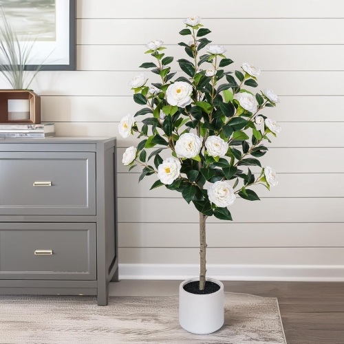 Artificial Camellia Tree with White Flower Pots - White Fake Tree,4 Ft - Lot 3202