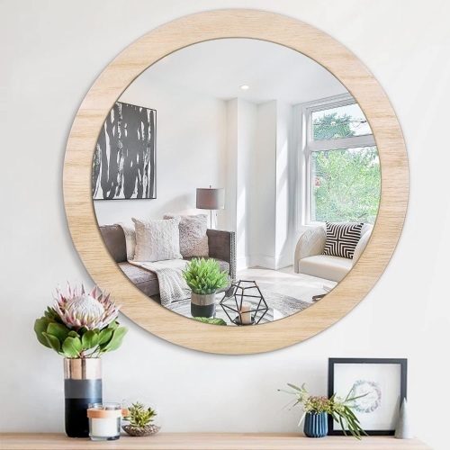 Round Wall Hanging Mirror, Wood Frame Circle Decorative Wood Frame Farmhouse Wall Mirror 16" - Lot 3550