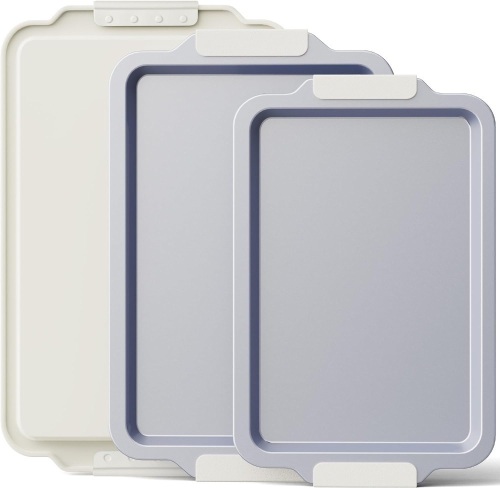 Non Stick Ceramic Baking Sheet Pan Set of 3, Natural Non Toxic Cookie Sheets for Baking - PFOA, PTFE Free, Heavy Duty Aluminized Steel Oven Trays for Cooking with Silicone Handles, Cream - Lot 3213