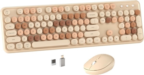 Colorful Wireless Computer Keyboard and Mouse Combo with Round Typewriter Keycaps, Retro Design, Power Switch, Ergonomic Design, 2.4GHz Wireless for Windows, Mac, PC(Milk-Tea Colorful) - Lot 3228
