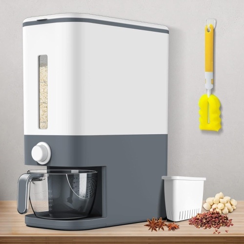 Rice Dispenser, 22-25 Lbs Rice Container with Measuring Cup, Upgraded Built-in Fresh Box, Cereal Dispenser Storage with Lids for Home Kitchen Pantry Rice Soybean Corn-Grey - Lot 3237