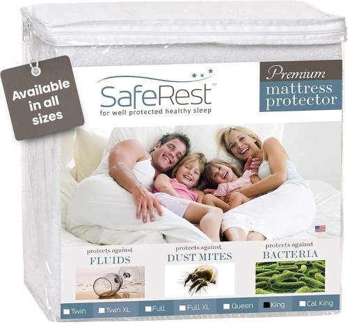 SafeRest 100% Waterproof King Size Mattress Protector - Fitted with Stretchable Pockets - Machine Washable Cotton Mattress Cover for Bed - Lot 3247