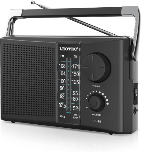 LEOTEC Portable AM FM Radio with Best Reception,Battery Operated or AC Power,Big Speaker,Large Tuning Knob,Clear Dial,Earphone Jack for Gift,Elder,Home Black - Lot 3249