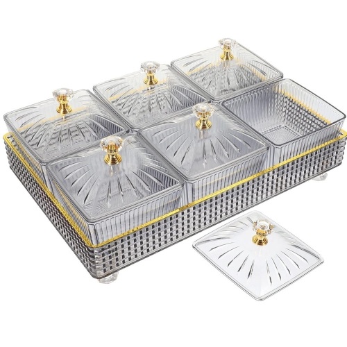 Cabilock Wedding Decor Dry Fruit Tray with Lid Divided Snacks Dish Serving Appetizer Plate with Tray Party Wedding Nuts Plate Food Storage Box Containers (Grey) Snack Containers - Lot 3254