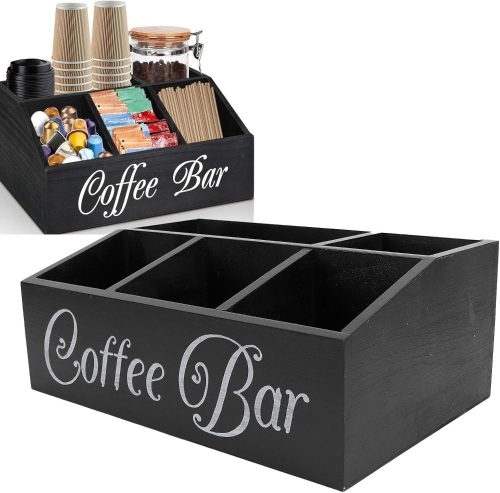 Fabater Coffee Station Organizer for Counter, 5 Compartments Wooden Coffee Bar Organizer for Coffee Bar Decor, Coffee Pod Storage Drawer, Home Kitchen Counter Organization - Lot 3257