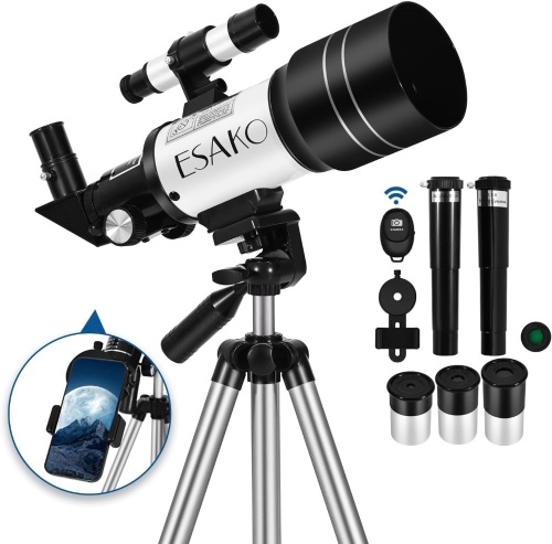 ESAKO Telescope for Kids & Beginners, 70mm Aperture Portable Telescopes with 3 Eyepieces, Height Adjustable Tripod & Phone Adapter & Remote Control - Lot 3265