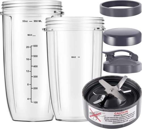 6-pieces Blender Replacement Parts, 32oz & 24oz Cups Extractor Blade with Stay-fresh Lid To-Go Lid and Lip Ring, Replacement Cups for Nutri Bullet Blenders 600w & Pro 900w - Lot 3270
