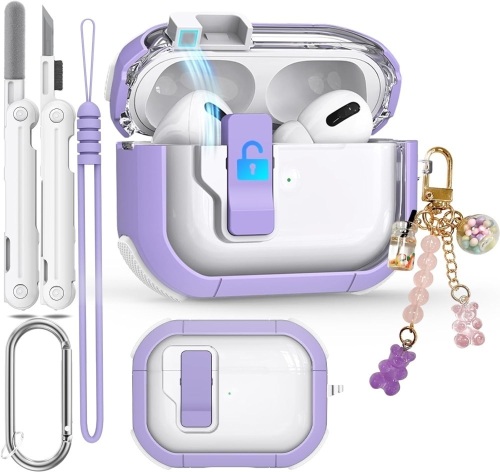 Clear Case for AirPods Pro 2nd/1st Generation Case, Secure Lock Case for Apple Airpod Pro 2&1 Gen Case Cover with Silicone Wrist Strap Cute Candy Keychain for Women,Purple - Lot 3272