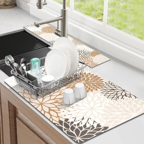 Findosom 2PCS 16" x 24" Dish Drying Mat & 24" x 5.5" Sink Splash Guard, Super Absorbent & Cuttable Dish Mat Drying Kitchen Mat with Brown Floral, Hide Stain Draining Mat for Kitchen Counter - Lot 3274