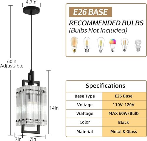 Modern Pendant Light Fixtures with Clear Glass Matte Black Pendant Lights Kitchen Island Adjustable Square Hanging Pendant Lighting for Dining Room Over Sink Hallway 1 Pack 14 inches - Lot 3412