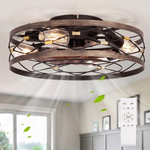Caged Farmhouse Ceiling Fan with Light, Rustic Bladeless Flush Mount Ceiling Fans with Lights and Remote - Lot 3417