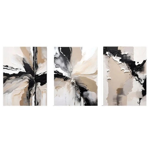 Set of 3Pcs Neutral Palette Grey Black Beige Abstract Wall Art Fine Art Canvas - Lot 3424