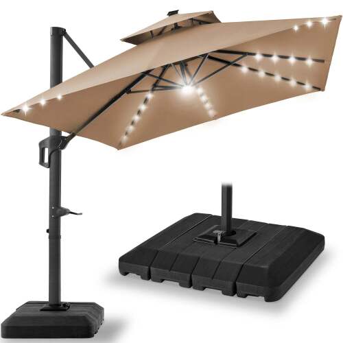 2-Tier Square LED Cantilever Offset Umbrella w/ 360 Rotation, Base - 10x10ft - Lot 3318