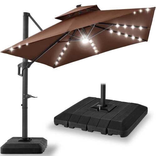2-Tier Square LED Cantilever Offset Umbrella w/ 360 Rotation, Base - 10x10ft - Lot 3319