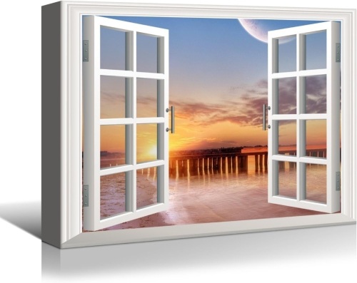 Ocean Beach Canvas Wall Art with Window for Home Decor - Lot 3502