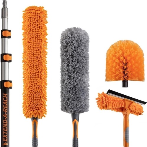 20 Foot High Reach Duster Kit with 4-12 ft Extension Pole // High Ceiling Dusting and Window Cleaning Kit with Telescopic Pole // Window Washer & Squeegee, Cobweb Duster, Fan Blade and Feather Dusters - Lot 3509