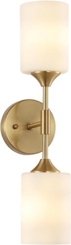 2-Lights Gold Wall Sconce with White Cylinder Glass Shades Modern Mid Century Bathroom Vanity Wall Light Fixtures Industrial Brushed Brass Wall Lamp for Bedroom Mirror Living Room Restaurant - Lot 3517