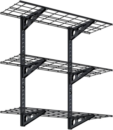 FLEXIMOUNTS 3 Tier 1x3ft Garage Storage Wall Shelving, 12x36inch per Shelf Height Adjustable Floating Shelves, 450lbs Total Weight Capacity, Black - Lot 3523