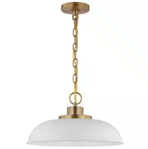 SATCO Colony 100-Watt 1-Light Matte White/Burnished Brass Shaded Pendant Light with White Metal Shade - Lot 574JF