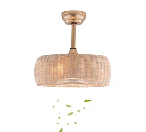 17.7 in. Indoor Natural and Gold Boho Rattan Caged Ceiling Fan with Remote and Reversible Motor - Lot 675JF
