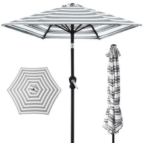 Outdoor Steel Striped Market Patio Umbrella w/ Tilt, Crank Lift - 10ft - Lot 796