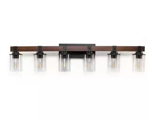 HKMGT Farmhouse 42.3 in. 6-Light Walnut and Black Bathroom Vanity Light with Glass Shades - Lot 175JF