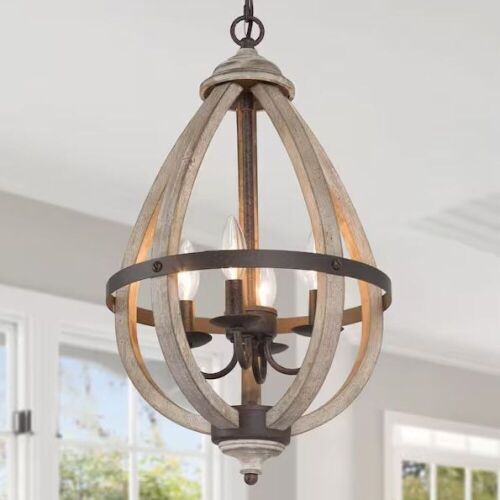 LNC 13.4 in. 4-Light Rust Bronze Farmhouse Globe Candlestick Chandelier with Teardrop Wood Cage  - Lot 663JF