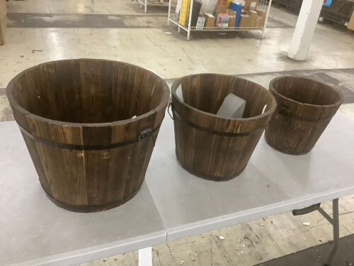 Set of 3 Rustic Wood Bucket Barrel Garden Planters Set w/ Drainage Holes - Lot 749