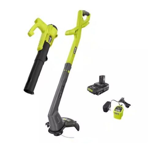 RYOBI ONE+ 18V Cordless String Trimmer/Edger and Blower/Sweeper Combo Kit with 2.0 Ah Battery and Charger - Lot 77JF