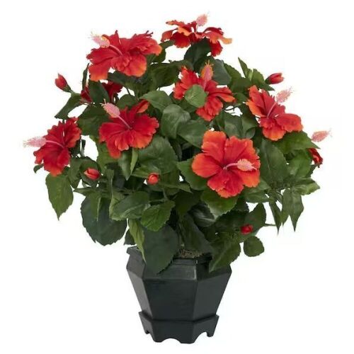 Nearly Natural 20 in. Artificial H Red Hibiscus with Black Hexagon Vase Silk Plant - Lot 460JF