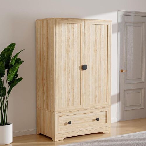 VINGLI Armoire Wardrobe Closet With Doors, Hanging Rod, Shelves and Drawer - Lot 44