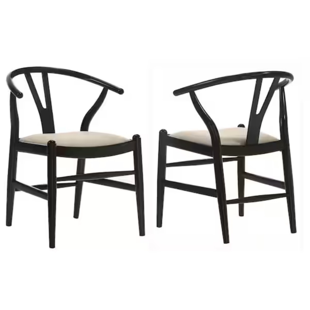 Coaster Set of 2 Dinah Beige and Black Fabric Danish Y-Shaped Back Wishbone Dining Side Chairs - Image 1 - Lot 173JF