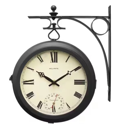 AcuRite 9-in. Indoor/Outdoor Double-Sided Hanging Clock with 360° Spin Functionality, Iron Metal Frame and Thermometer - Lot 178JF