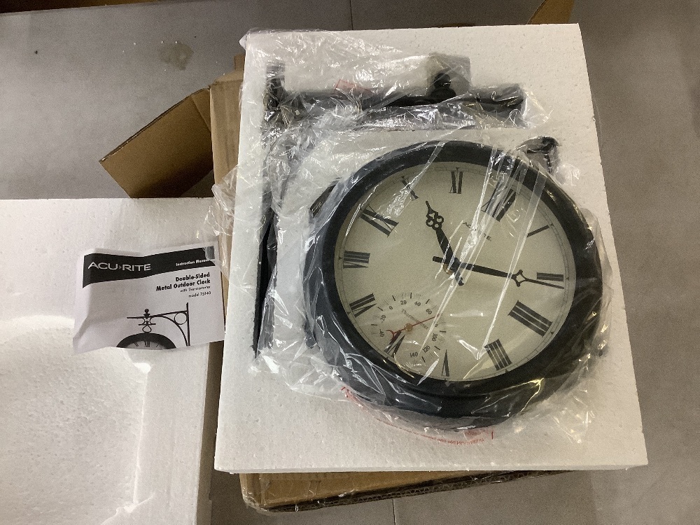 AcuRite 9-in. Indoor/Outdoor Double-Sided Hanging Clock with 360° Spin Functionality, Iron Metal Frame and Thermometer - Image 2 - Lot 178JF