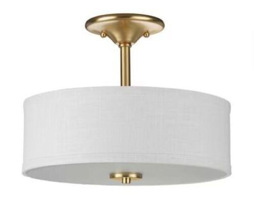 Progress Lighting Inspire Collection 2-Light Satin Brass Summer Linen Shade New Traditional Semi-Flush Light - Lot 327JF