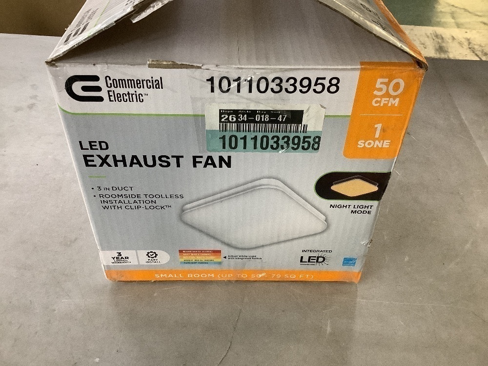 Commercial Electric 50 CFM Ceiling Mount Room Side Installation Bathroom Exhaust Fan with Adjustable Color Temperature LED and Night Light - Image 3 - Lot 677JF