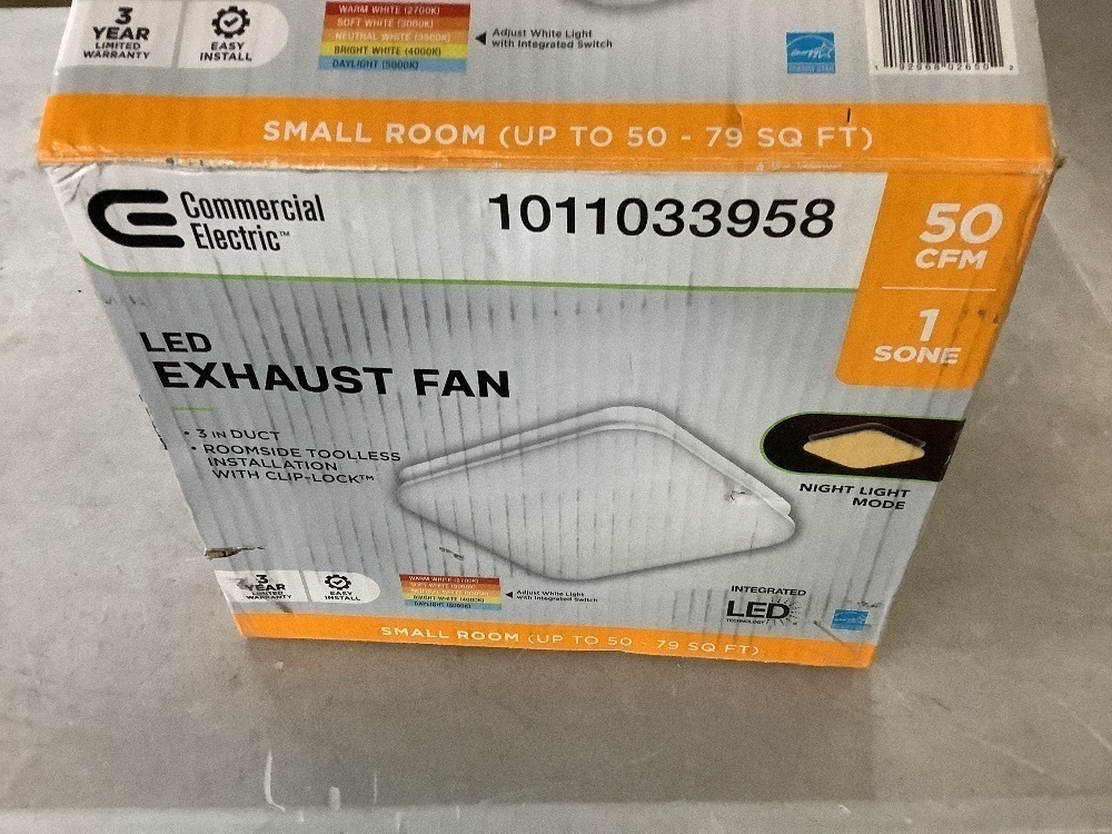 Commercial Electric 50 CFM Ceiling Mount Room Side Installation Bathroom Exhaust Fan with Adjustable Color Temperature LED and Night Light - Image 4 - Lot 677JF