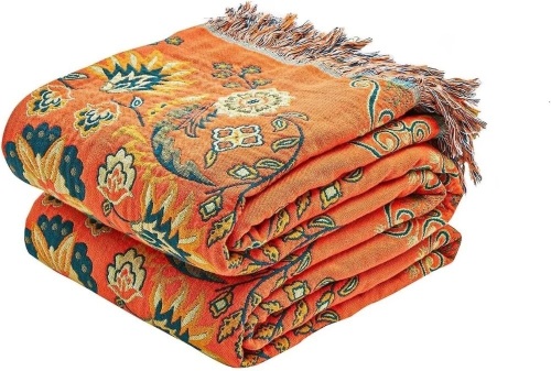 Boho Throw Blanket, 100% Cotton Ultra Soft Luxury Throw Rustic Quilt, 60"x80" Floral Printed Farmhouse Decor Bed Summer Blankets, All Season Rustic Reversible Bohemian Throw for Bed - Orange - Lot 3608