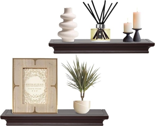AHDECOR Elegant Floating Shelves, Decorative Wall Shelves for Home Organization and Display in Bedroom, Kitchen, Livingroom and Office, Espresso Brown, Set of 2 - Lot 3671