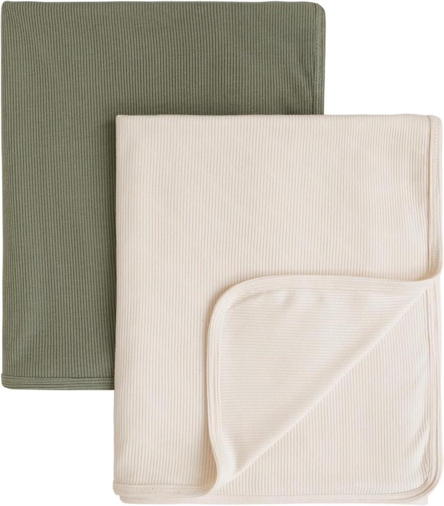 Konssy Knit Baby Blanket 2 Pack, Soft Ribbed Swaddle Receiving Blankets for Boys & Girls, Lightweight Cozy Swaddling Wrap for Newborns, Infants, & Toddlers, 33x42 Inch (Beige, Sage) - Image 1 - Lot 3695