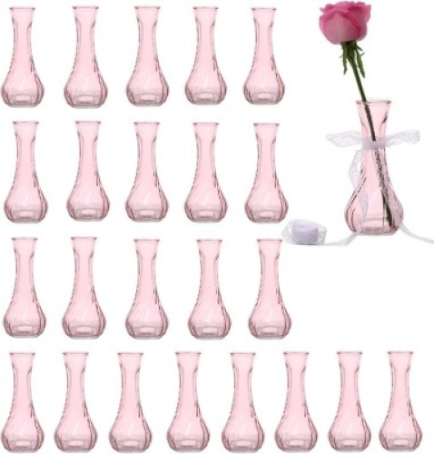 Set of 24 Glass Vase, Pink Bud Vases in Bulk with Lace for Floral Arrangements, Events, Home Decor Weddings, Table Centerpiece - Lot 3911