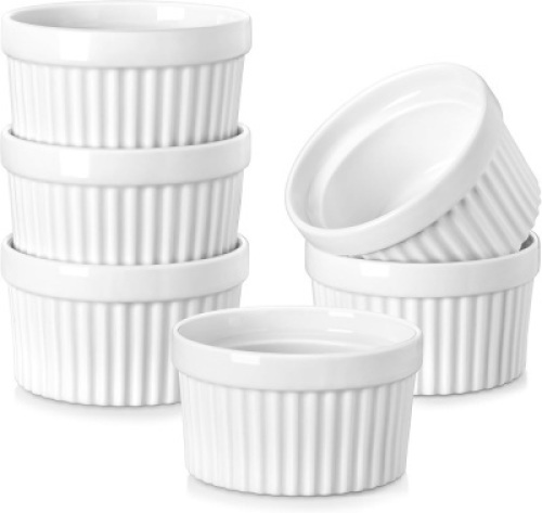 MALACASA Ramekins 6 oz Oven Safe, Porcelain Creme Brulee Ramekins Pudding Custard Cups Small Ceramic Souffle Dishes Ramakan Ramiken Ramicans Baking Bowls Set of 6, White, Series RAMEKIN-DISH - Lot 3919