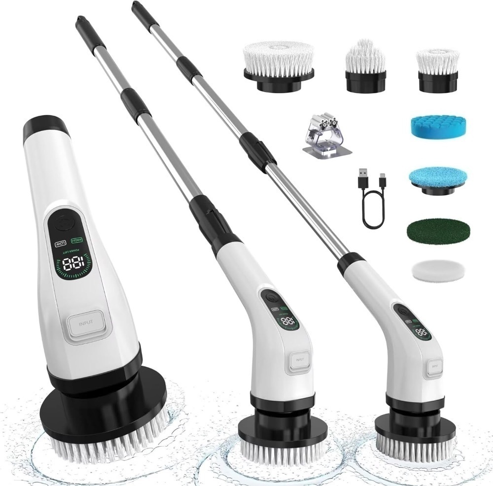 Electric Spin Scrubber with Long Handle: ALPONO Cordless Power Shower Scrubber Spin Brush with 7 Brush Replacement Heads for Cleaning Bathroom,Tub, Tile (Black) - Image 1 - Lot 3920