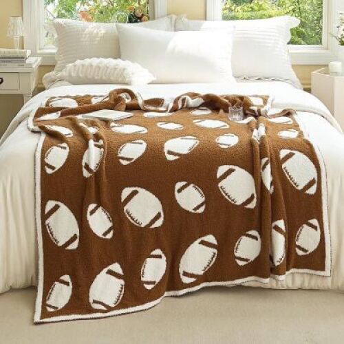 Microfiber Fall Rugby Texture Throw Blanket Ball Game Christmas Thanksgiving Gifts Knitted Fluffy Blanket Lightweight Cozy Soft Warm Blanket for Sofa Bed Decor (White, 50x60 Inches) - Lot 3930