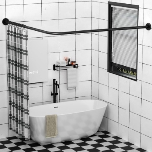 Stretchable 304 Stainless L Shaped Bathroom Bathtub Corner Shower Curtain Rod Rack (Black 24"-69" x 24"-85", Maximum size 114''), Drill Free Install, for Bathroom,Clothing Store,Private space - Lot 3971